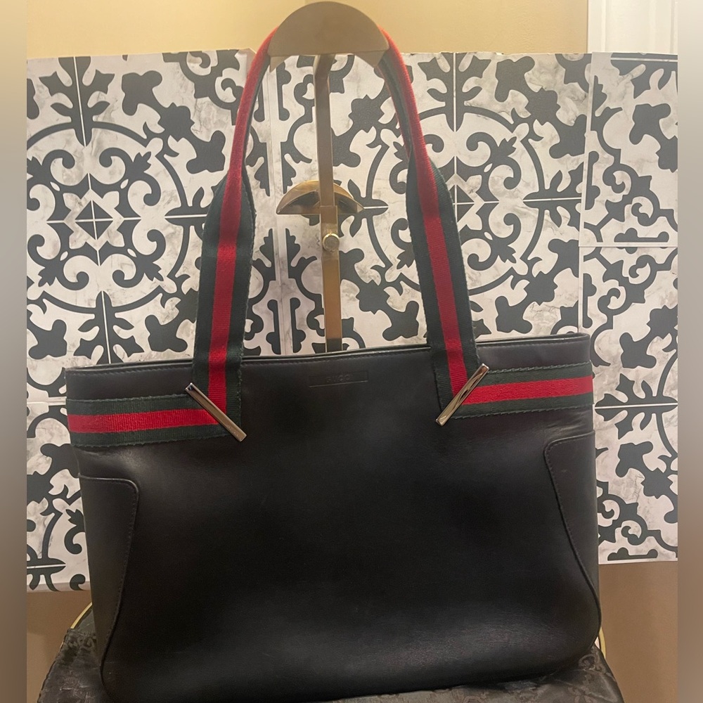 GUC GUCCI Web Sherry Line Tote Bag Leather